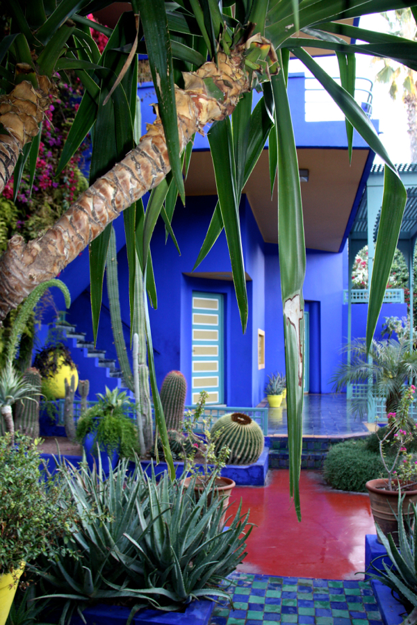 Blauer Hauseingang mit Treppe und gelben Blumenkübeln im Jardin Majorelle in Marrakesch 2016