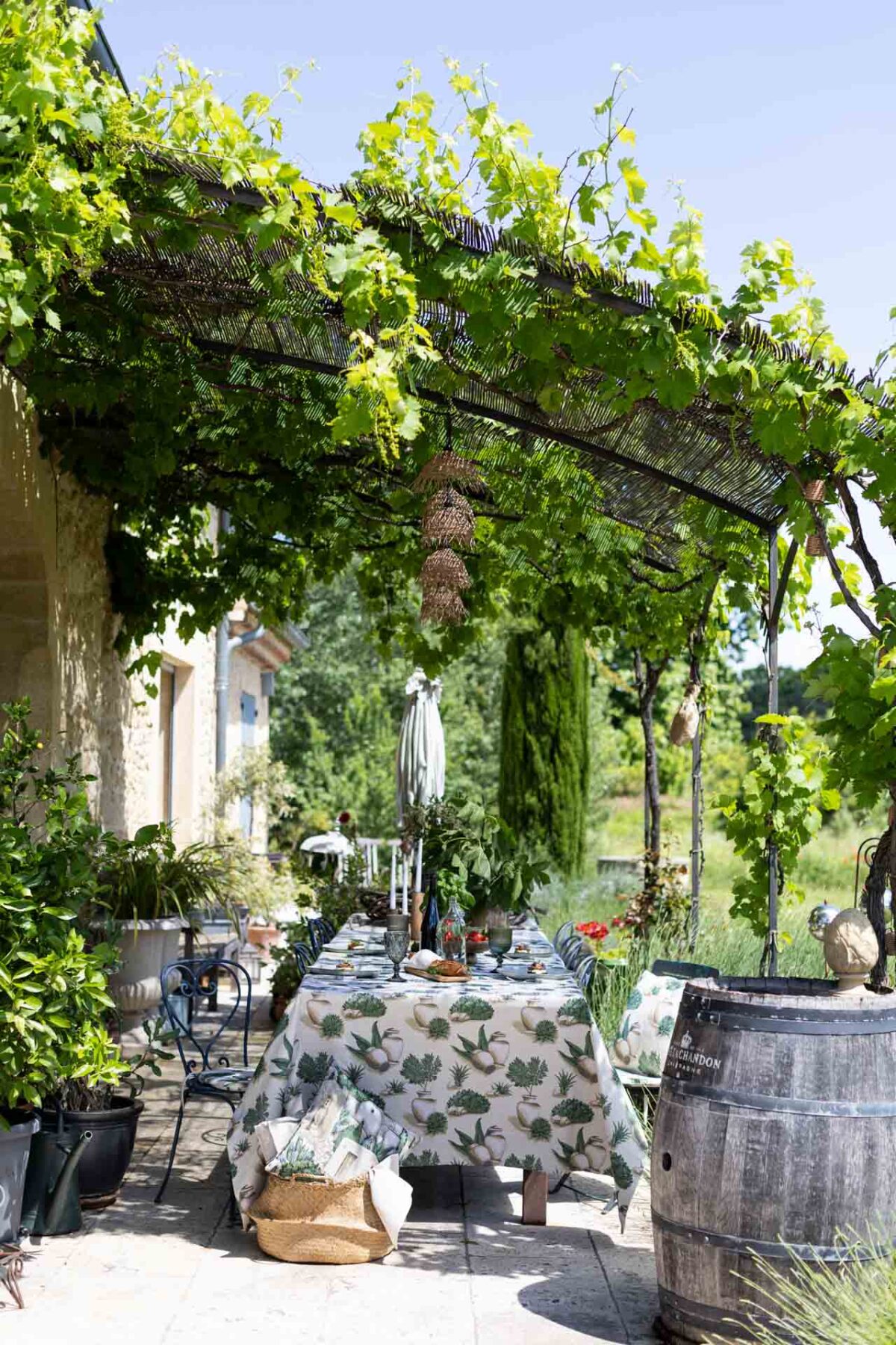 Frühlingshafte Tischdeko Dekoria Pergola Weinreben Rattanlampen Garten